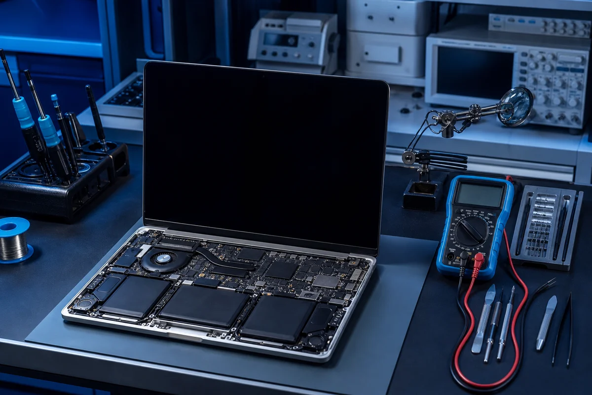 Laptop na stole serwisowym z narzędziami diagnostycznymi i multimetrem